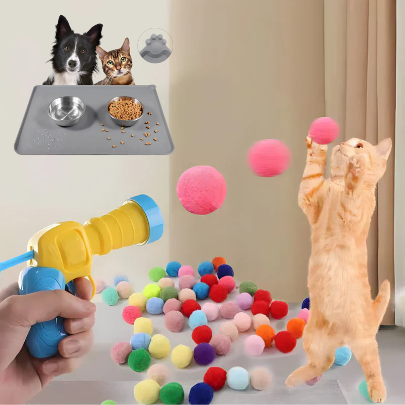 Igračka za mačke i male pse + podloga za hranjenje kućnih ljubimca + pištolj + loptice
